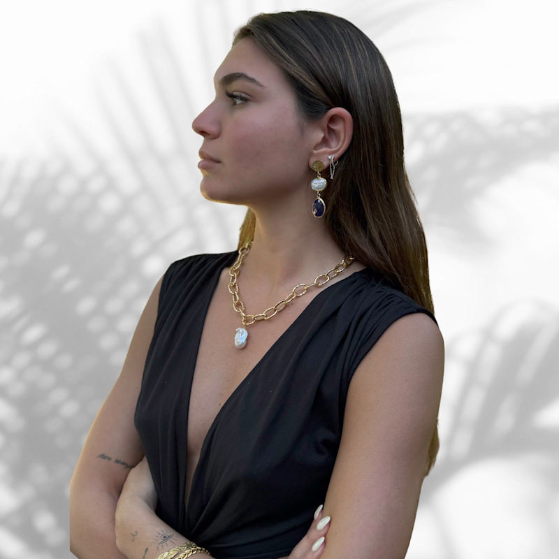 Thumbnail of Pearl & Sapphire Gemstone Gold Statement Earrings - Blue image