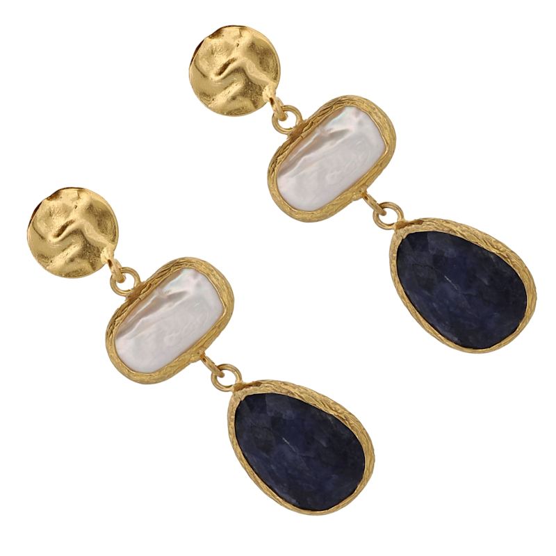 Thumbnail of Pearl & Sapphire Gemstone Gold Statement Earrings - Blue image