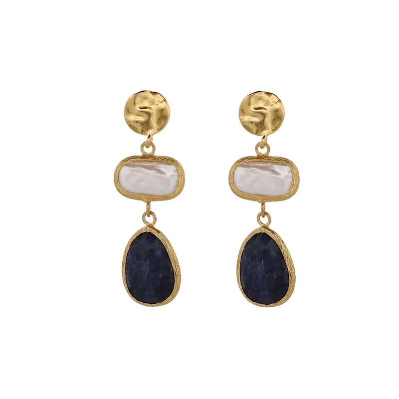 Thumbnail of Pearl & Sapphire Gemstone Gold Statement Earrings - Blue image