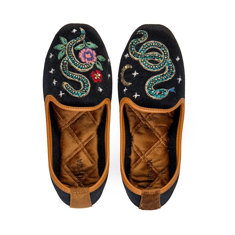Thumbnail of Viper Velvet Moccasins - Handmade Serpent Embroidered Velvet Loafers By Fuchsia Shoes - Black image