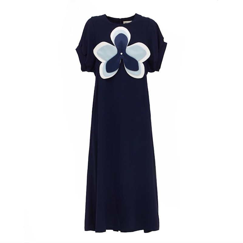 Silky Touch Midi Dark Blue Dress With Handmade Floral Appliqu | Julia  Allert | Wolf & Badger