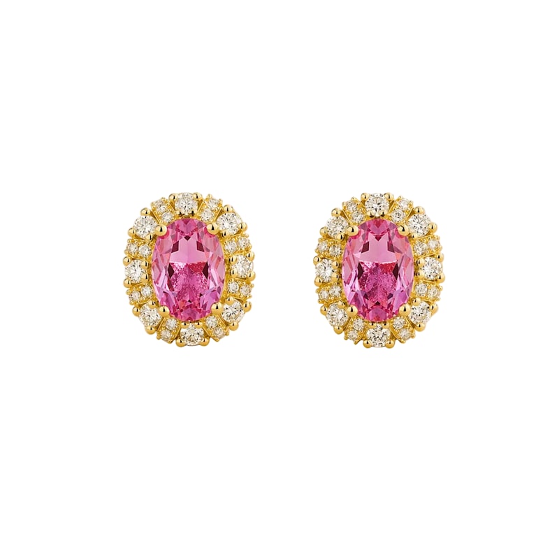 Thumbnail of Viva Oval Pink Sapphire Halo Stud Earrings With Diamond Accents In Gold image