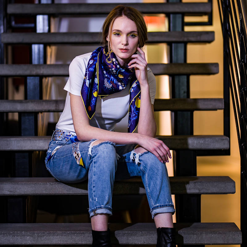 Double Sided Silk Scarf Of Amazon Rainforest Journey In Blue
