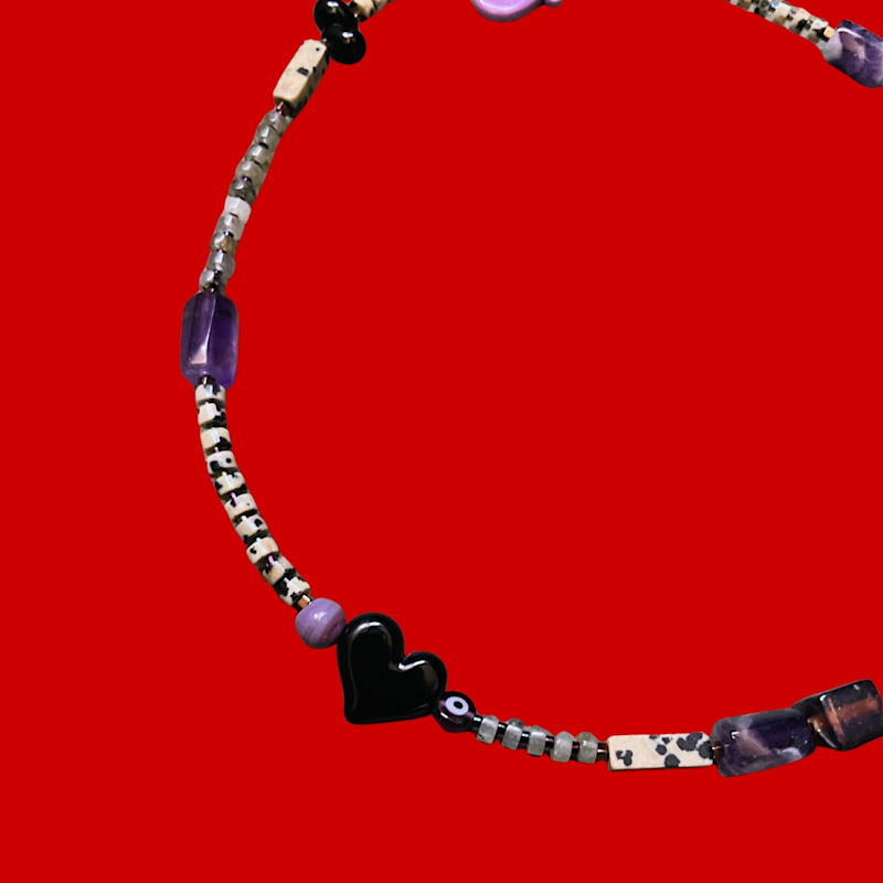 Thumbnail of Voodoo – Gemstone Necklace With Black Heart & Purple Glass Beads image