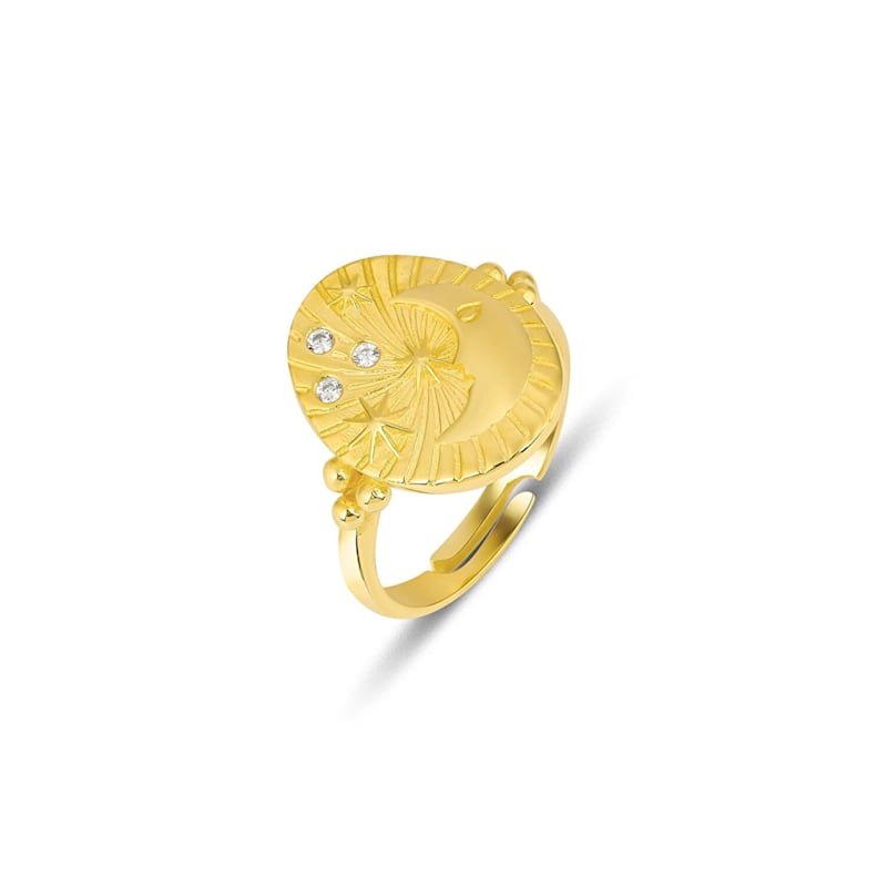 Thumbnail of Moon Face Embossed Silhouette Sterling Silver Set Medal Necklace & Ring - Gold image