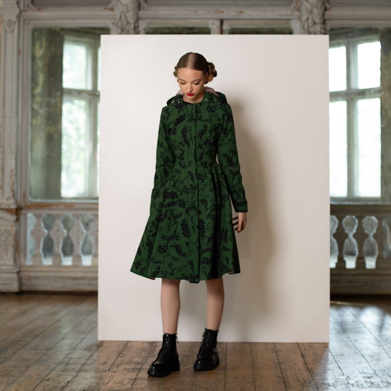 Thumbnail of Dark Green Hooded Waterproof Coat For Women: Forest Flower image