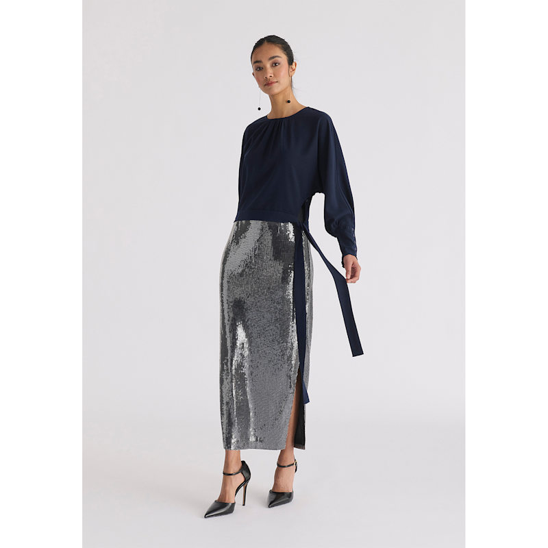 Thumbnail of Waist Tie Top With Shirred Cuffs In Navy image