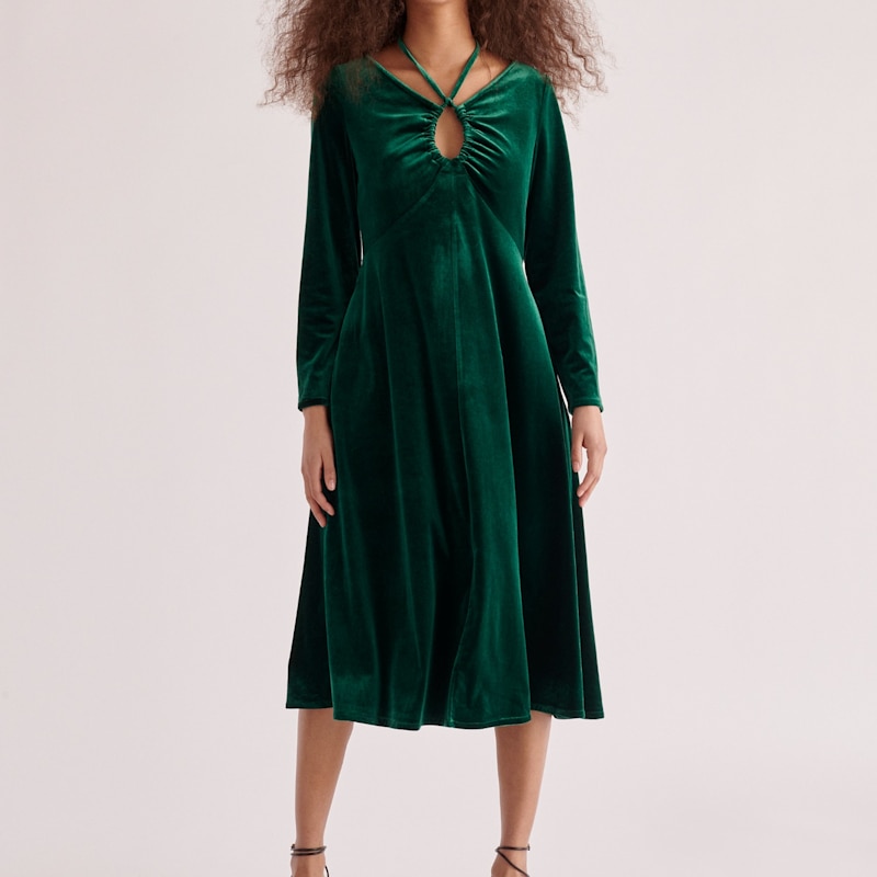 Thumbnail of Velvet Tie-Neck Dress In Dark Green image