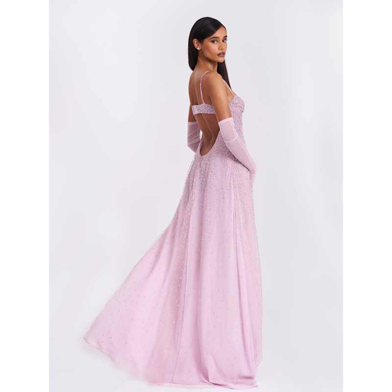 Wallie Pink Rhinestone Embellished Mesh Backless Gown | Miss Circle New  York | Wolf & Badger