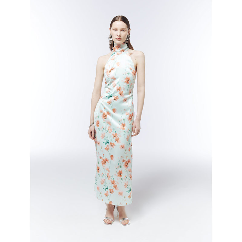 seafoam green long dress Watercolor Floral Halterneck Maxi In | SOUR FIGS Mint green