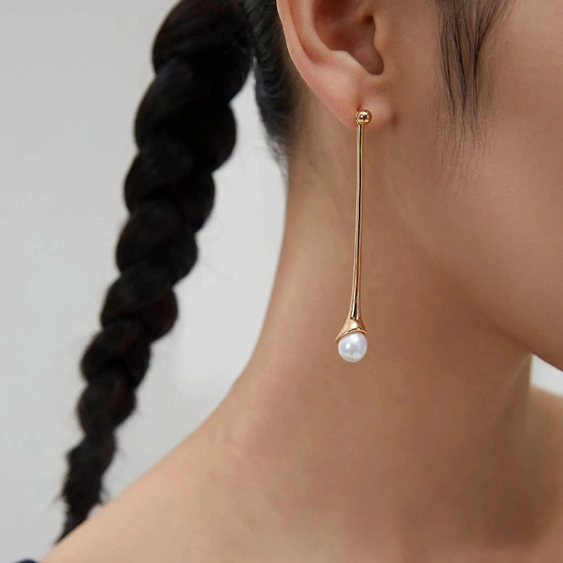 Thumbnail of Minimalist Pearl Drop Bar Earrings - Gold image
