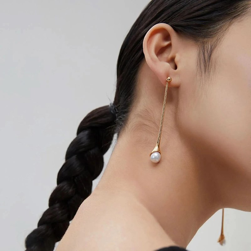 Thumbnail of Minimalist Pearl Drop Bar Earrings - Gold image