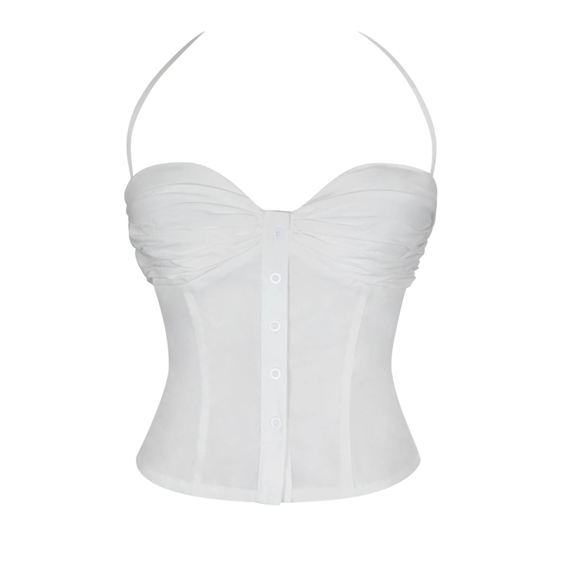 Thumbnail of Waverly White Cotton Poplin Button-Front Sweetheart Halter Top image