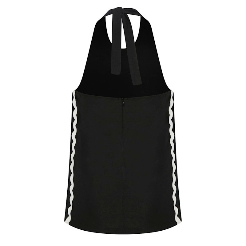 Thumbnail of Wavy Top - Tie-Neck Linen Top With Wavy Trim - Black image
