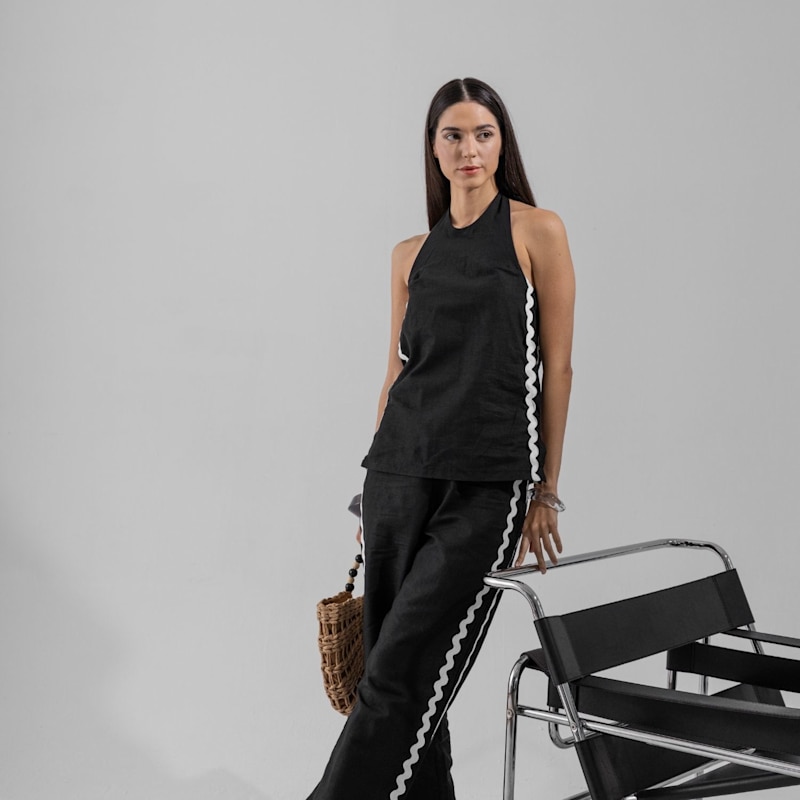 Thumbnail of Wavy Top - Tie-Neck Linen Top With Wavy Trim - Black image