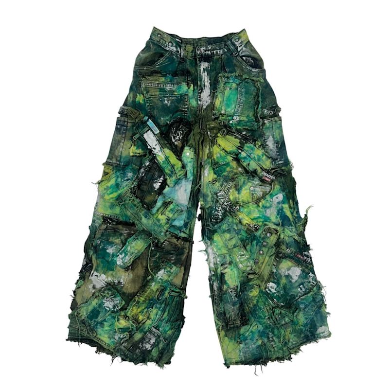 Wearable Ruins Green Shredded Wide Leg Pants | ZastaStudio | Wolf