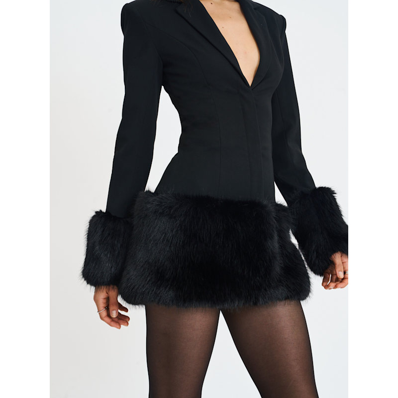 Thumbnail of Wenona Black Fur Trimmed V-Neck Mini Blazer Dress image