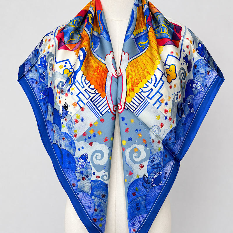 Thumbnail of Wenzi Skybound Koi Hand Painted Pattern Double Sided Silk Twill Scarf image