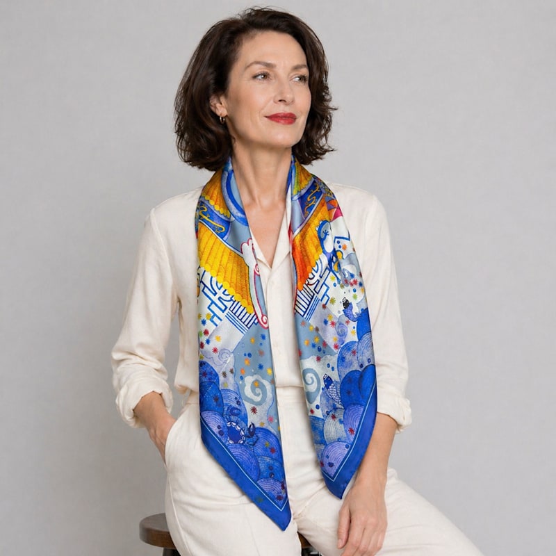 Thumbnail of Wenzi Skybound Koi Hand Painted Pattern Double Sided Silk Twill Scarf image