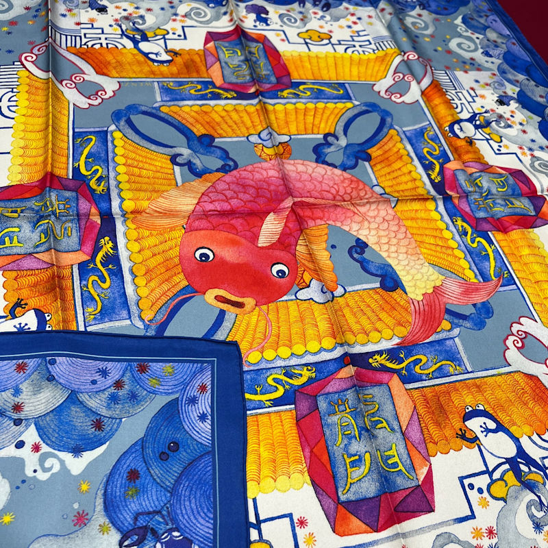 Thumbnail of Wenzi Skybound Koi Hand Painted Pattern Double Sided Silk Twill Scarf image