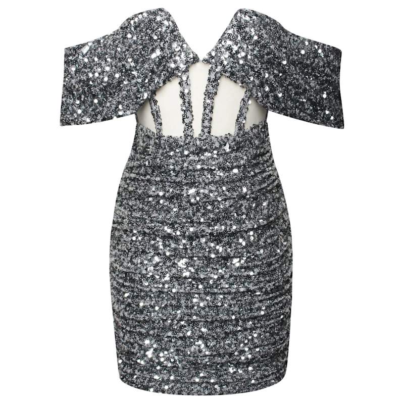 silver sequin off the shoulder dress Buckle Belted / S The silhouette is a professional fit and flare with a generous flow around the bust and hips before falling to a well Elegant Off Shoulder Silver Evening