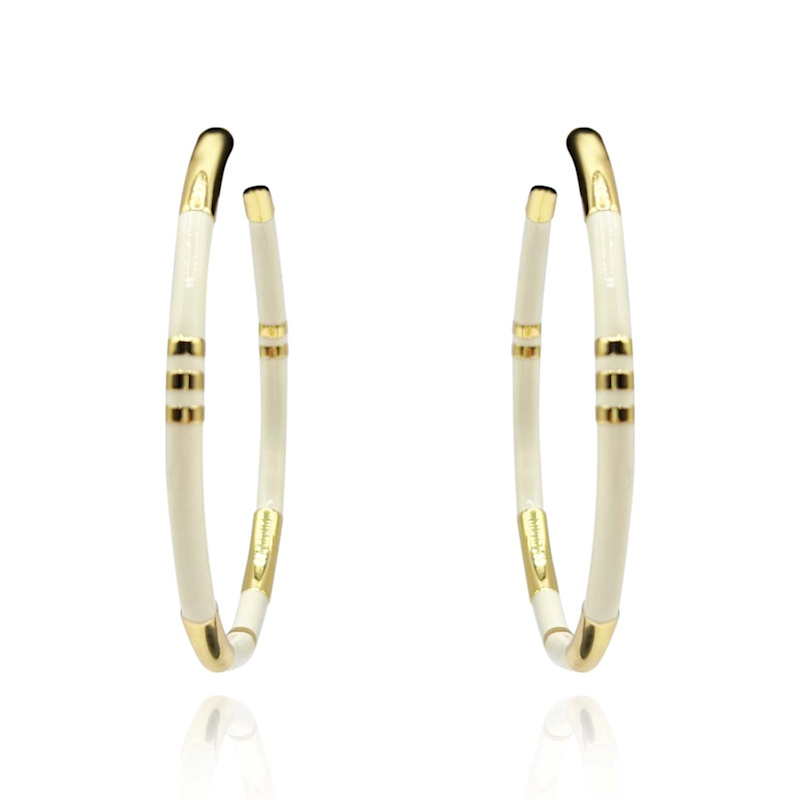 Thumbnail of Mallory White And Gold Stripe Hoop Eaarings image