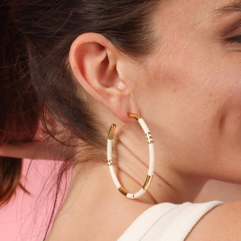 Thumbnail of Mallory White And Gold Stripe Hoop Eaarings image