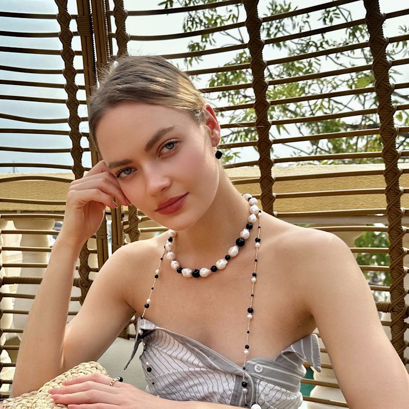 Thumbnail of White Baroque Pearls With Black Obsidian Chunky Necklace image