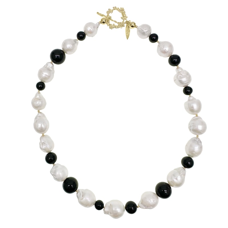 White Baroque Pearls With Black Obsidian Chunky Necklace | Farra