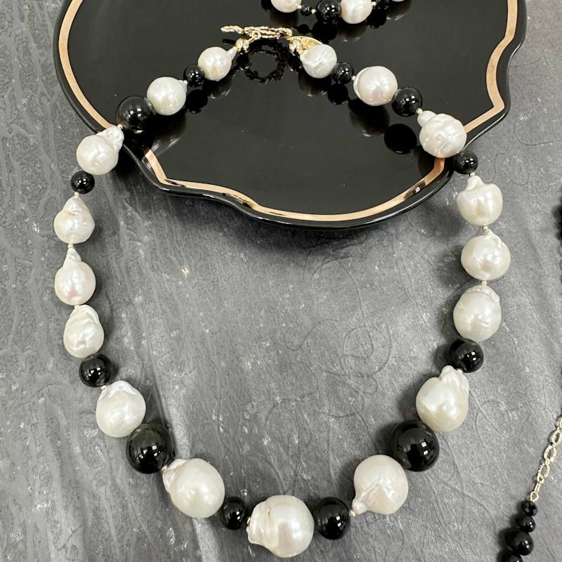 White Baroque Pearls With Black Obsidian Chunky Necklace | Farra