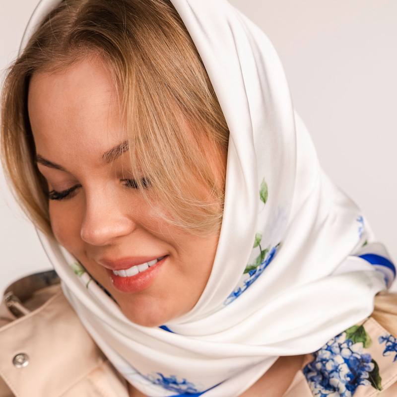 Thumbnail of White & Blue Large Floral Natural Silk Scarf image