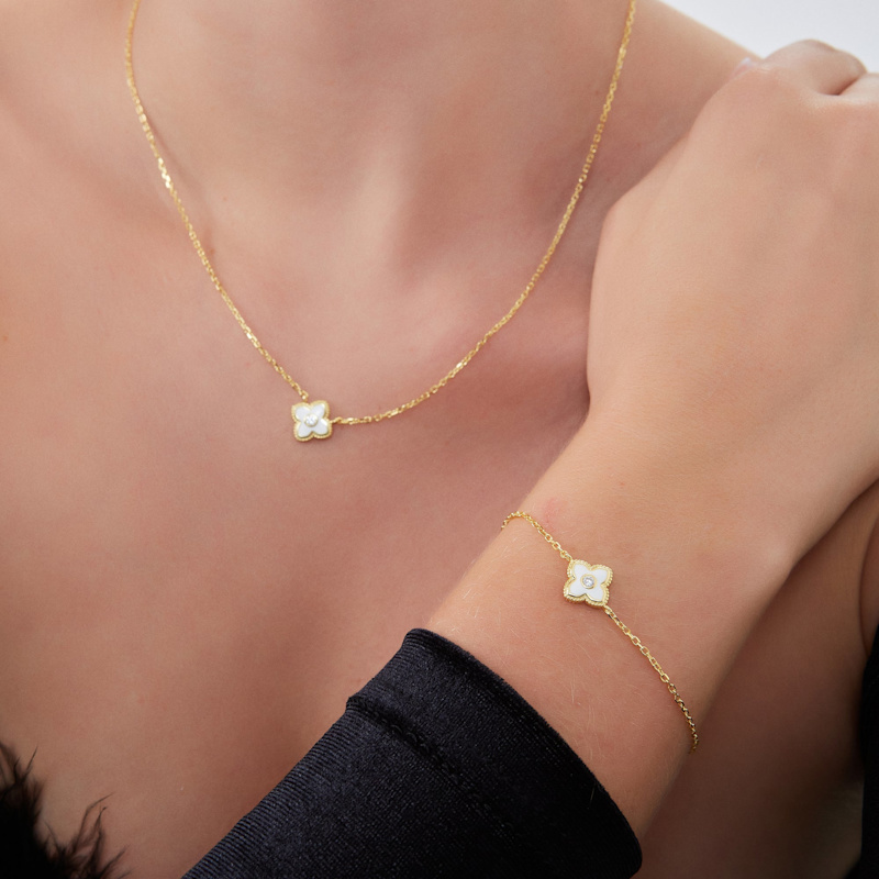 Thumbnail of White Enamel Four Leaf Clover Necklace With Gemstone In Sterling Silver - Gold image