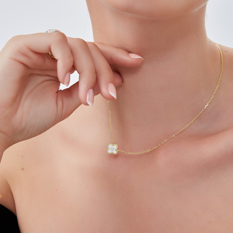 Thumbnail of White Enamel Four Leaf Clover Necklace With Gemstone In Sterling Silver - Gold image