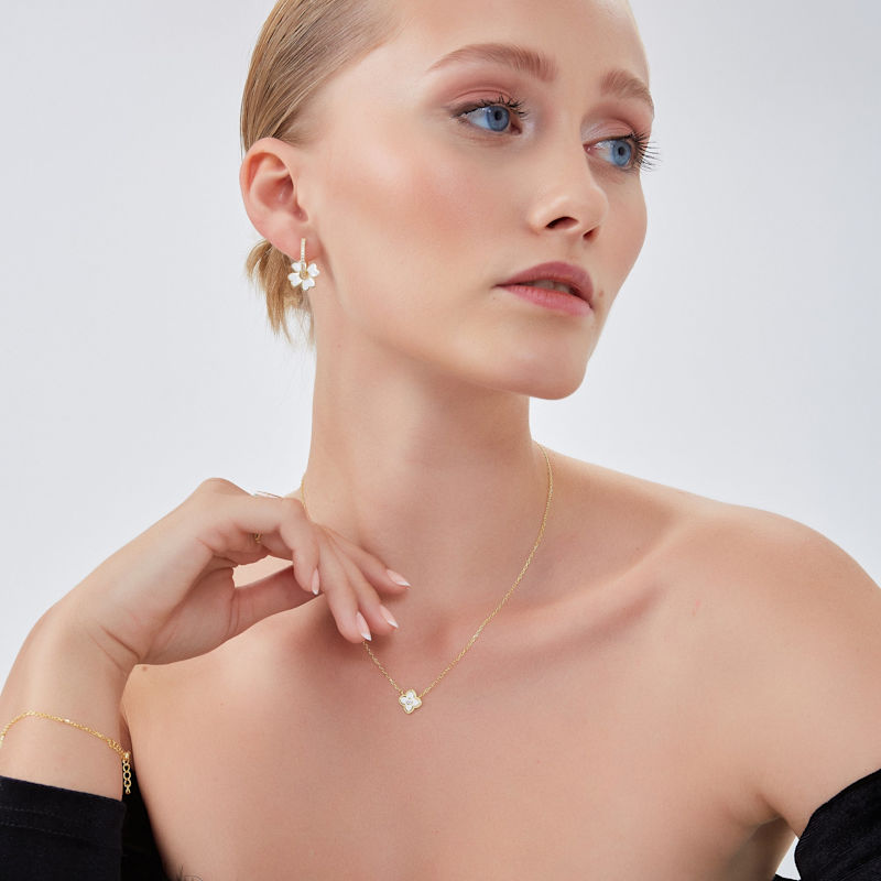 Thumbnail of White Enamel Four Leaf Clover Necklace With Gemstone In Sterling Silver - Gold image