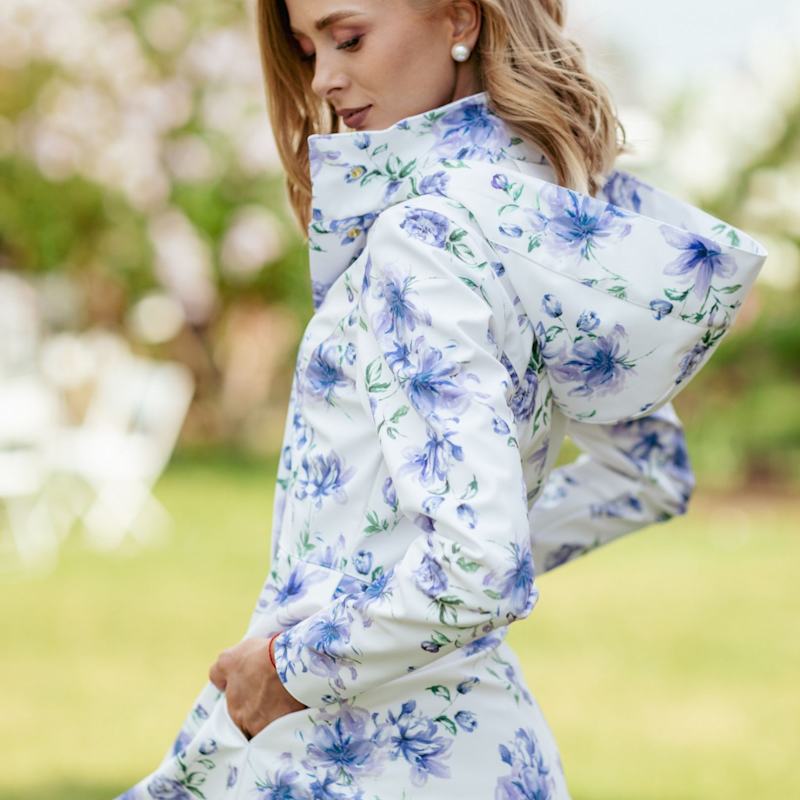 White Midi Length Coat With Blue Flower Print: Floral White