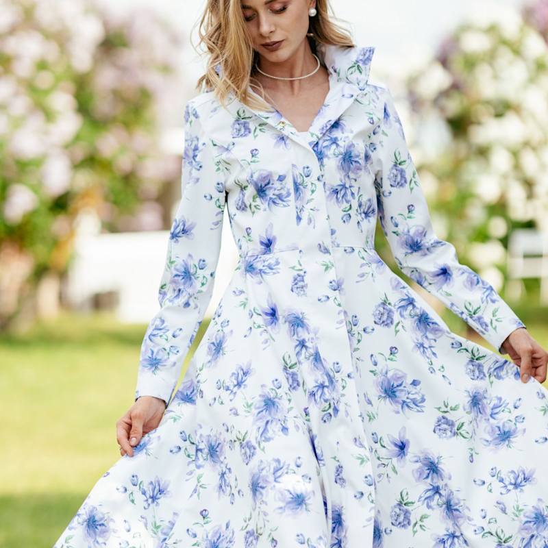 White Midi Length Coat With Blue Flower Print: Floral White 
