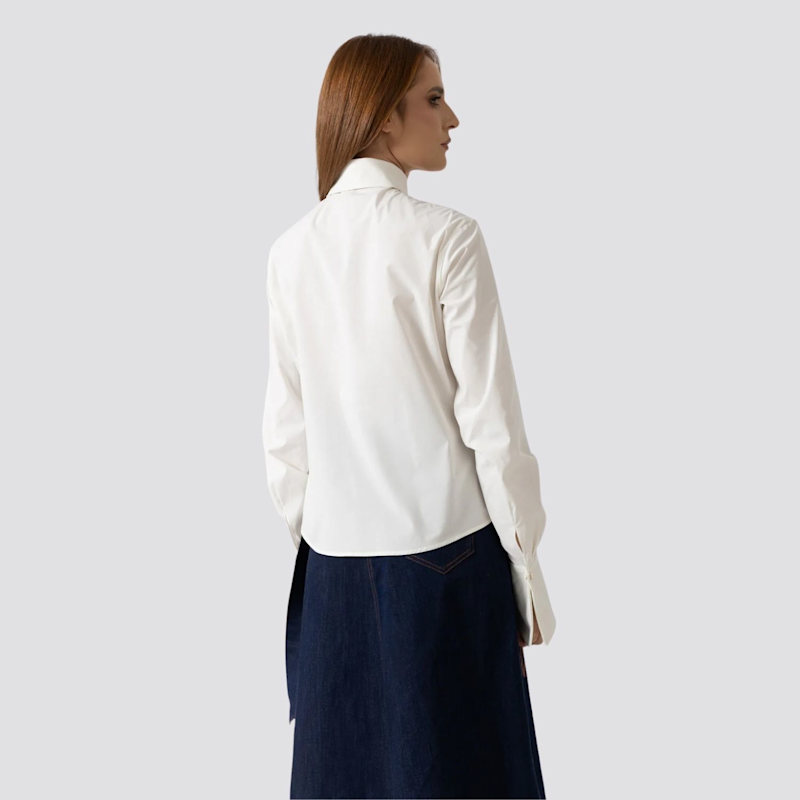 Thumbnail of White Cotton Blouse With High Collar And Scarf Inspired Detail image