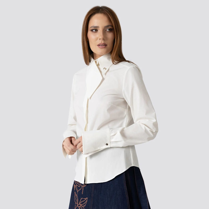 Thumbnail of White Cotton Blouse With High Collar And Scarf Inspired Detail image