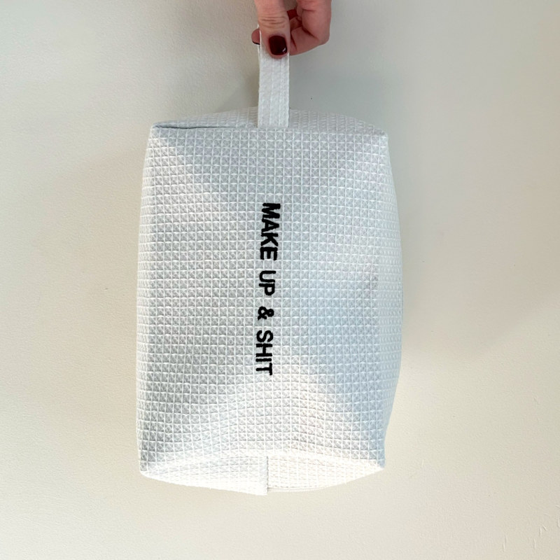 Thumbnail of White Embroidered Make Up & Shit Washbag image