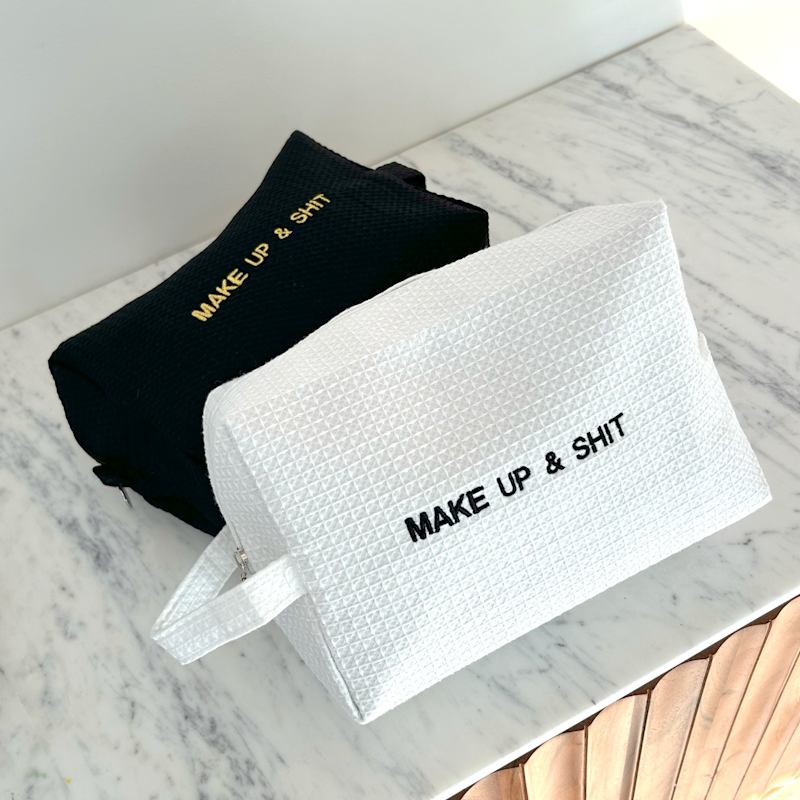 Thumbnail of White Embroidered Make Up & Shit Washbag image