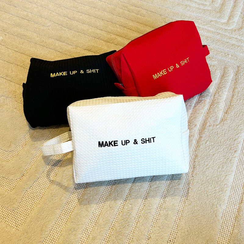 Thumbnail of White Embroidered Make Up & Shit Washbag image