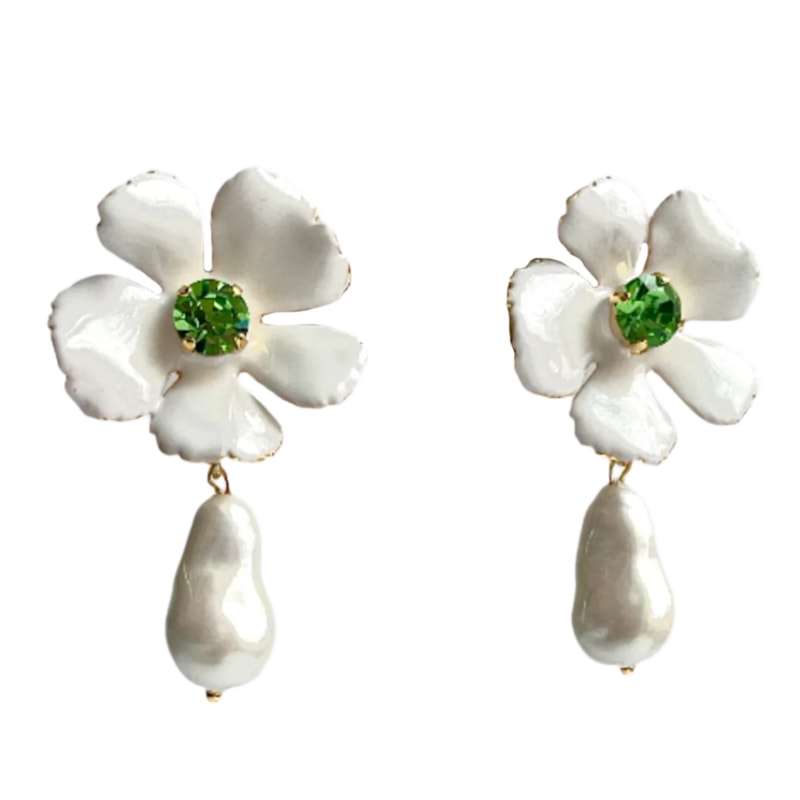 Thumbnail of White Enamel Flower Pearl Drop Post Earrings image