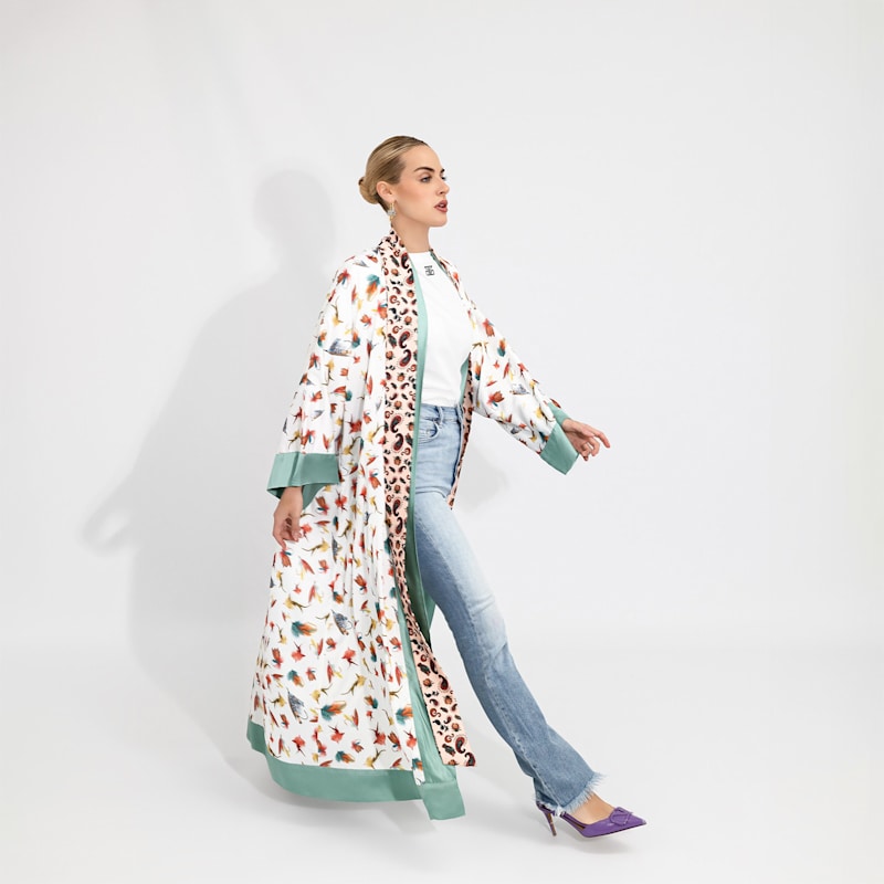 Thumbnail of White Fishing Flies Print Satin Long Abaya Kaftan image