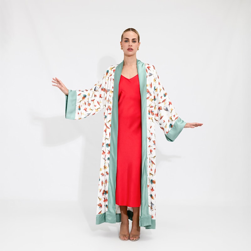 Thumbnail of White Fishing Flies Print Satin Long Abaya Kaftan image