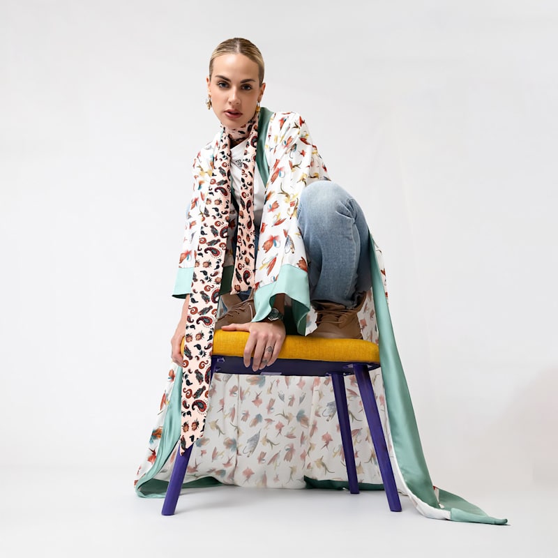 Thumbnail of White Fishing Flies Print Satin Long Abaya Kaftan image