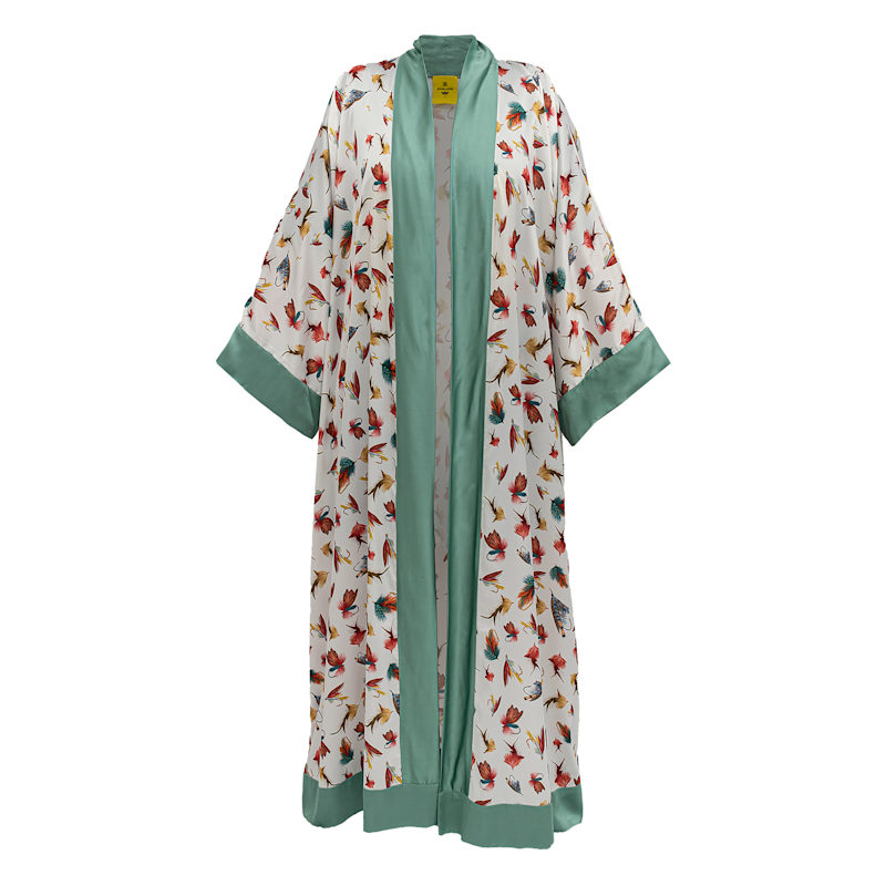 Thumbnail of White Fishing Flies Print Satin Long Abaya Kaftan image