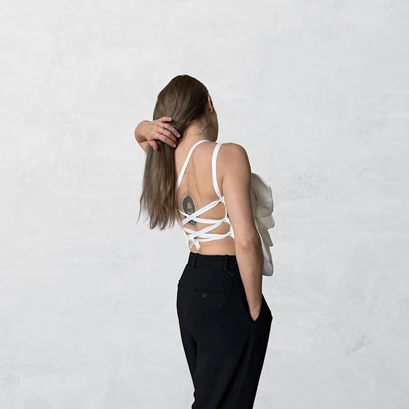 White Flower Top With Asymmetric Strap & Criss Cross Back
