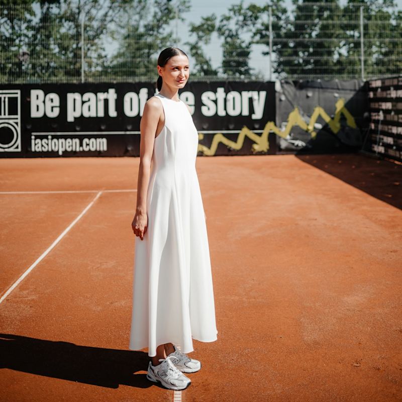 knee length dresses for ladies Off the Shoulder White A-line Polk Dots Midi Dress – Ohmollydress main image 0