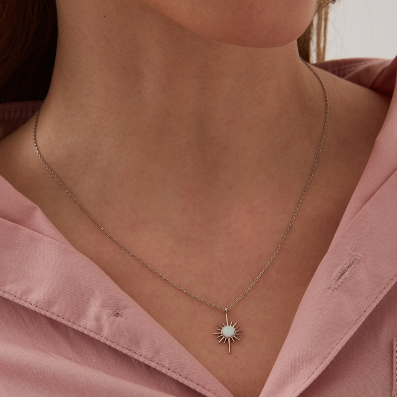 Thumbnail of White Opal Northernstar Sterling Silver Pendant Necklace & Earring Set - Silver image