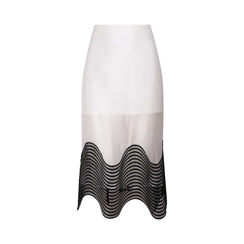 White Sheer Pencil Skirt With Black Embroidery | London Atelier